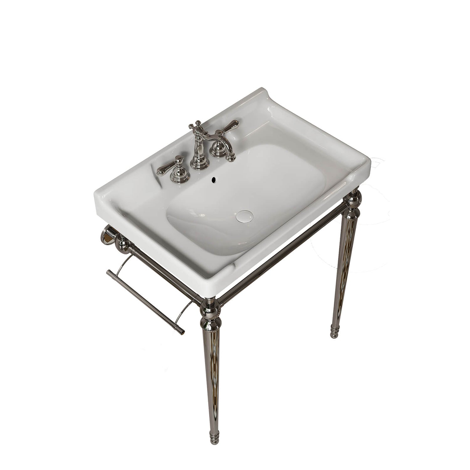 Chrome towel bar and white ceramic vanity sink
