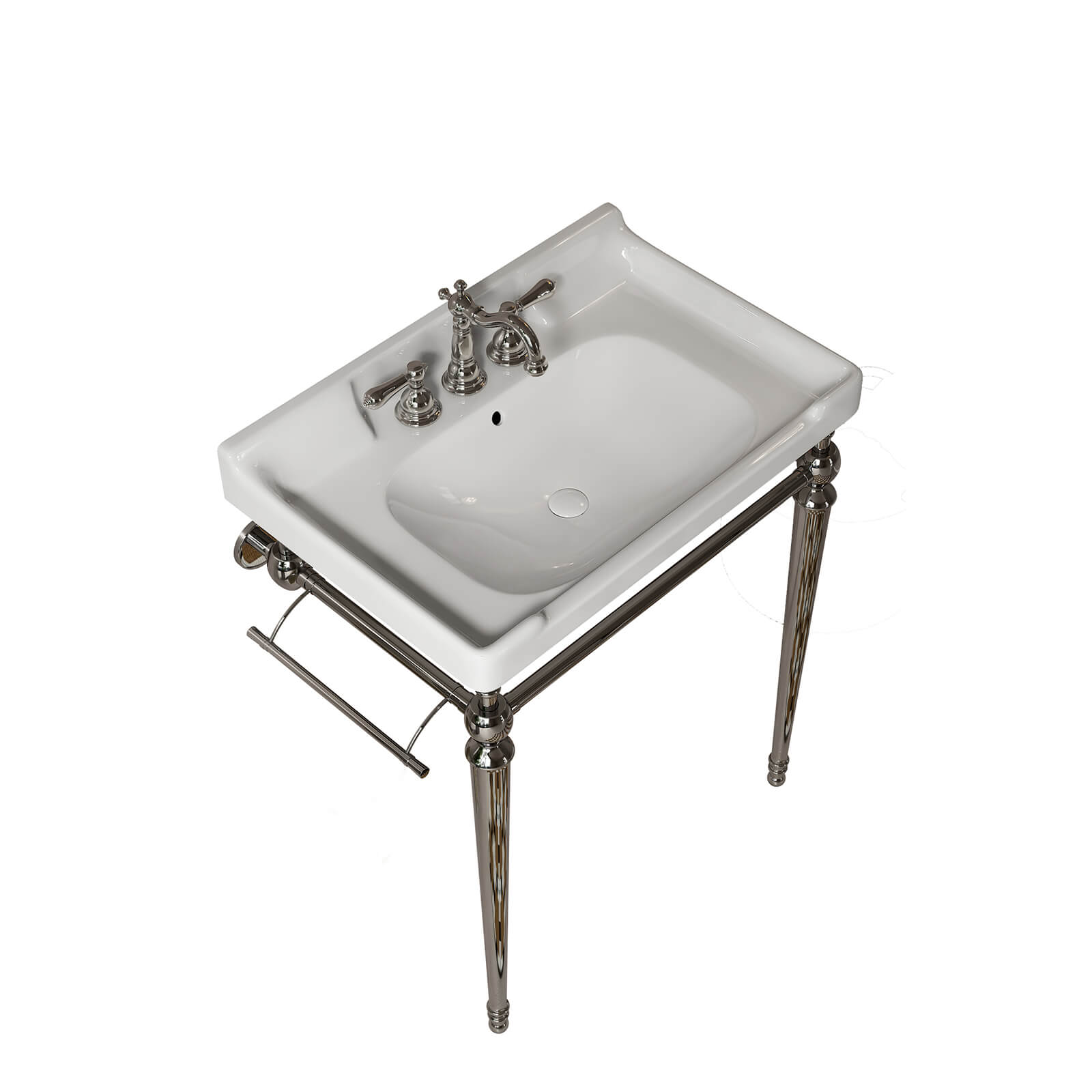 Chrome towel bar and white ceramic vanity sink