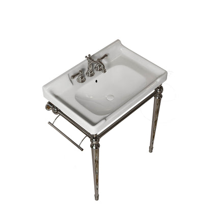 Chrome towel bar and white ceramic vanity sink