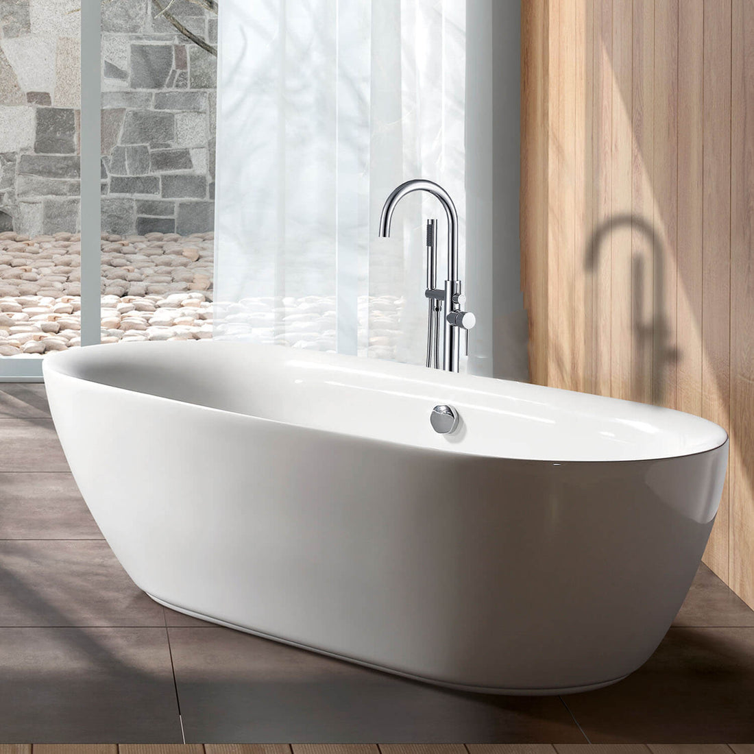 Chrome Independent Freestanding Tub Faucet with Handheld Shower