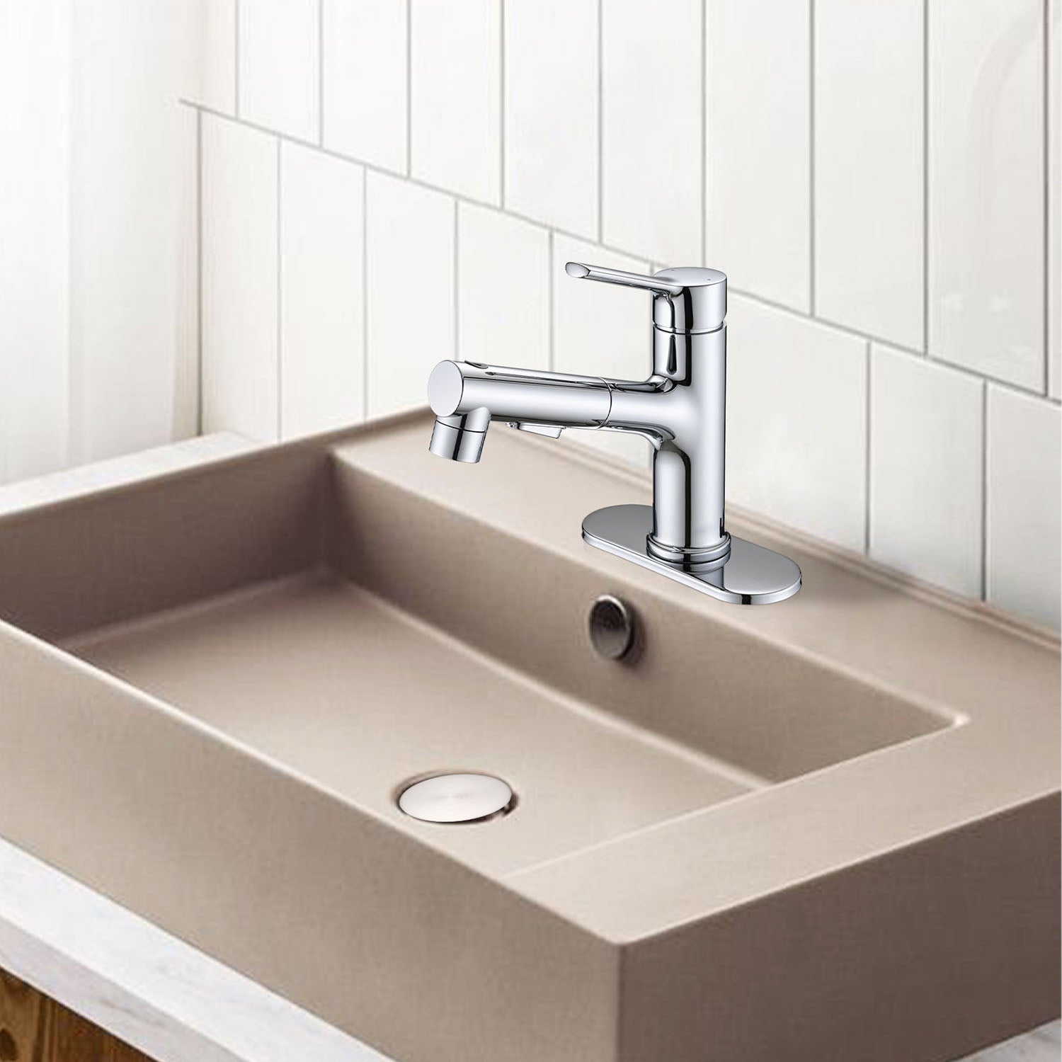 Chrome Pull-Down Bathroom Faucet with Pop-Up Drain and Deck Plate