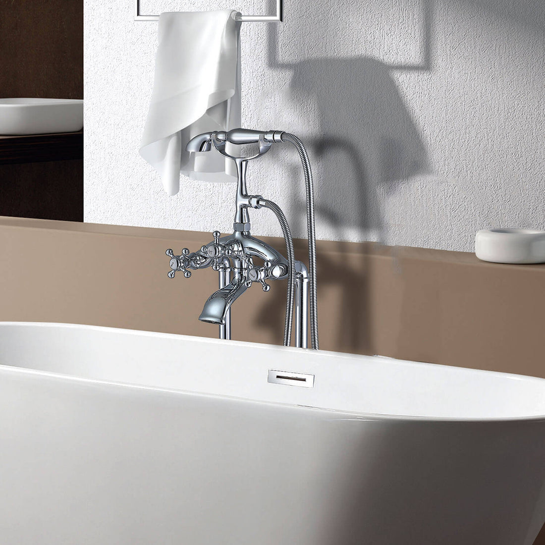 Chrome Retro Freestanding Tub Filler Faucet with Hand Shower