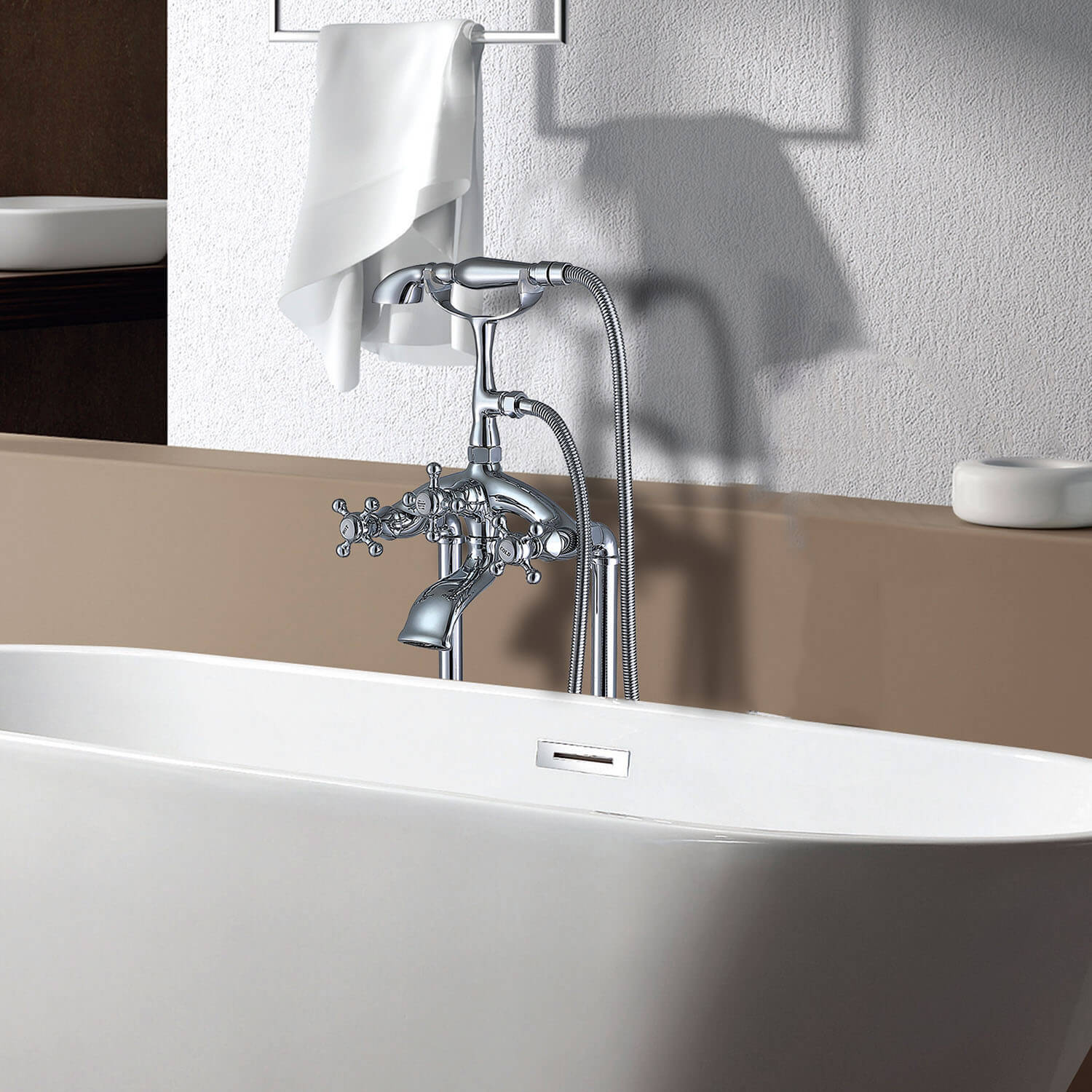Chrome Retro Freestanding Tub Filler Faucet with Hand Shower