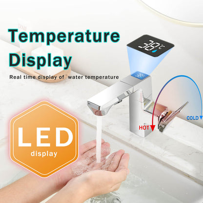Chrome Single Hole Bathroom Faucet with LED Temperature Display