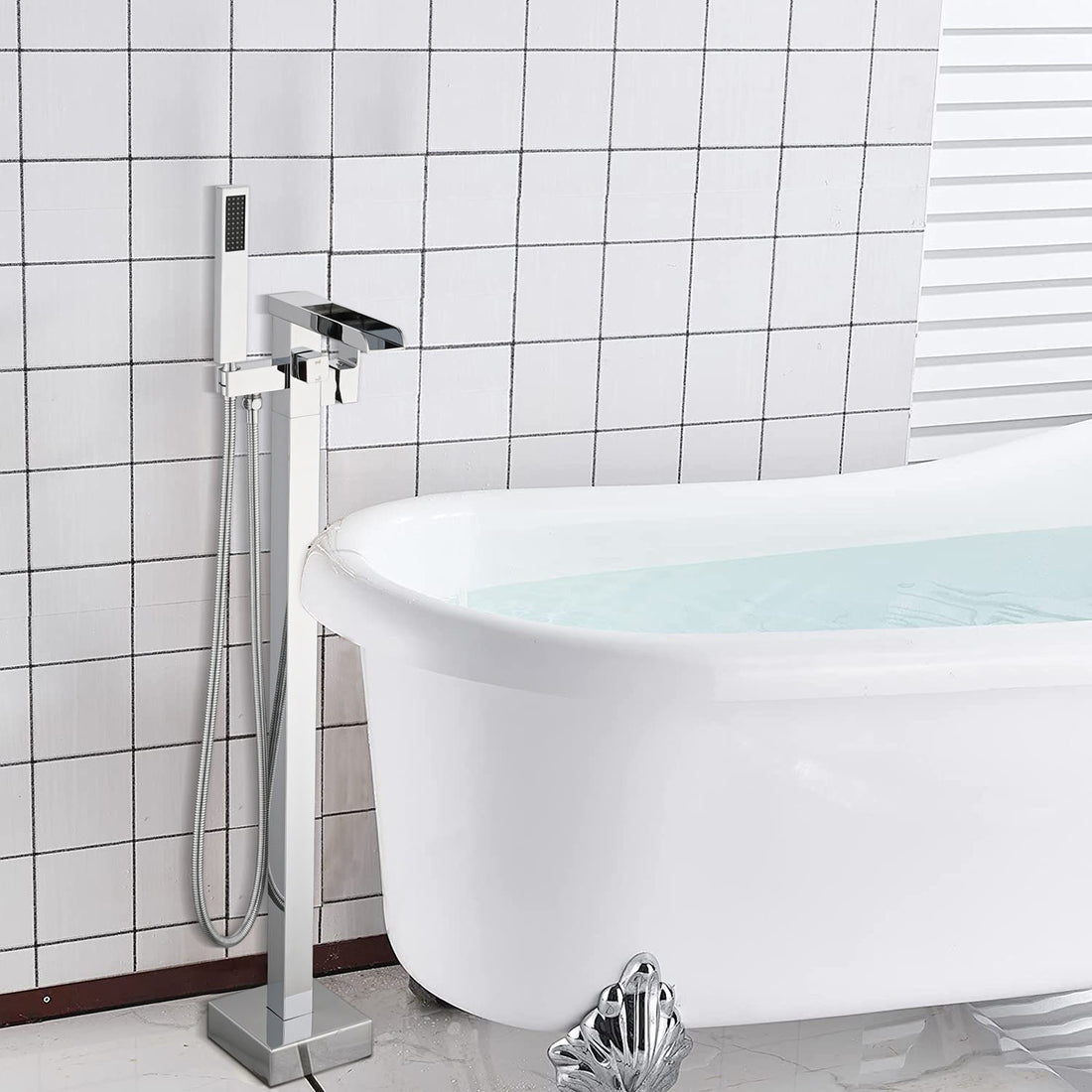 Chrome Waterfall Freestanding Bathtub Faucet with Hand Shower