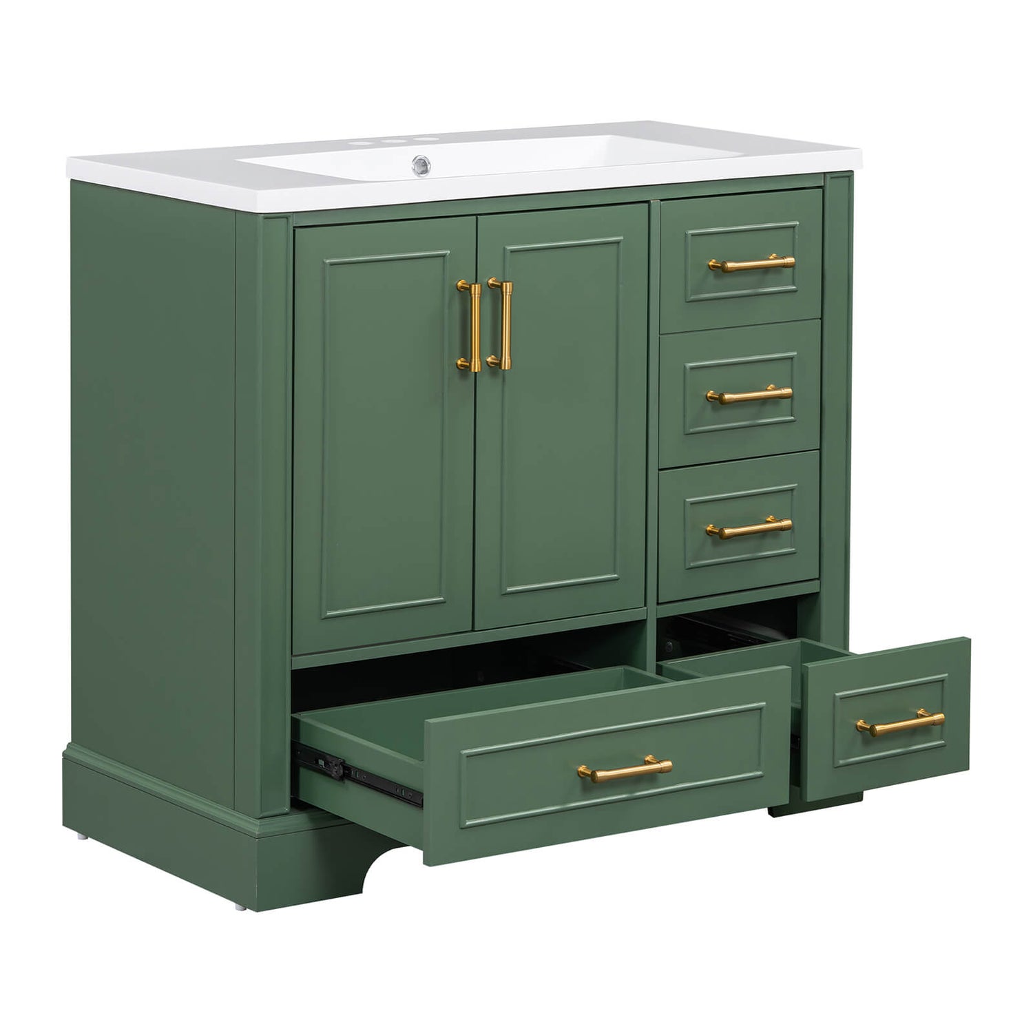 Classic green bathroom vanity with four drawers and two doors
