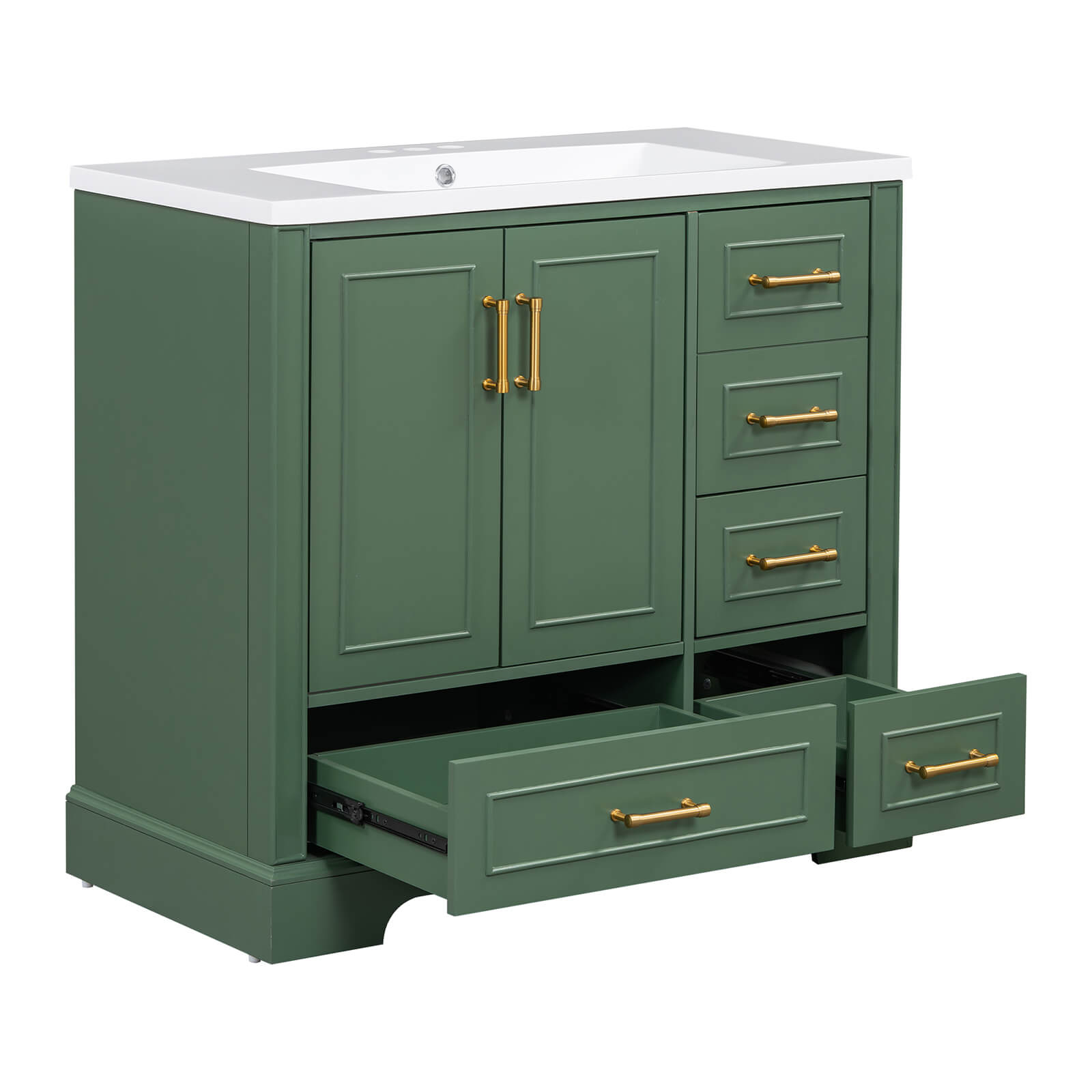 Classic green bathroom vanity with four drawers and two doors