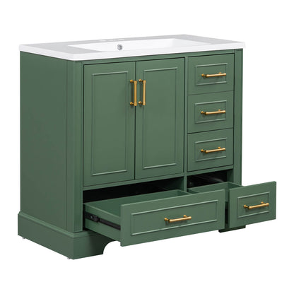 Classic green bathroom vanity with four drawers and two doors