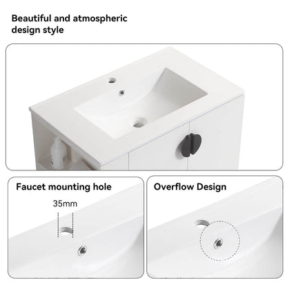 Clean white vanity with overflow drain ceramic sink