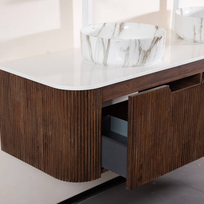 Close up of 3D striped paneling on walnut cabinet
