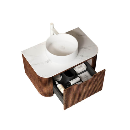 Close up of walnut cabinet with vertical fluted grooves