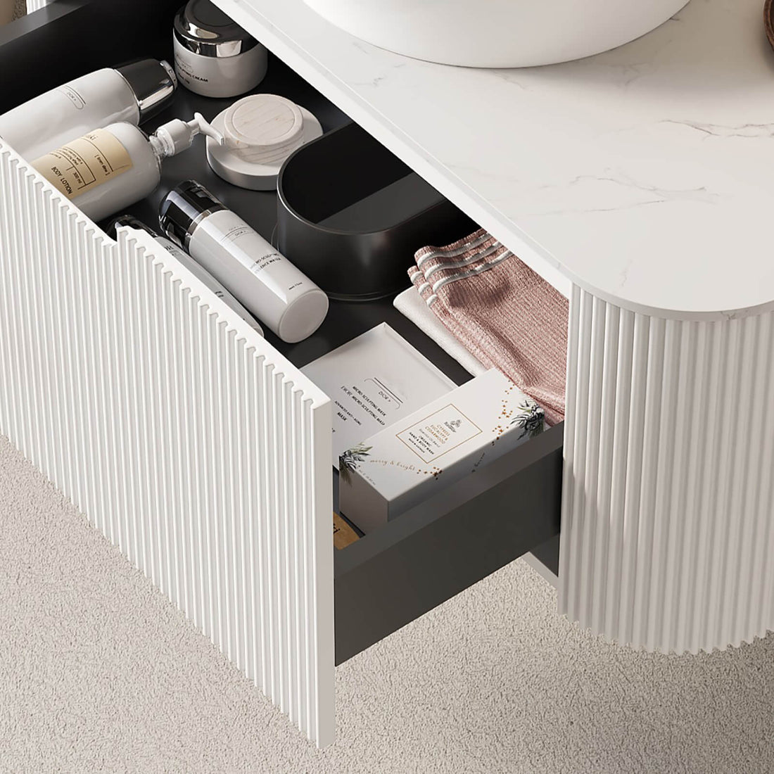 Close up of white vanity with three sided fluted detailing