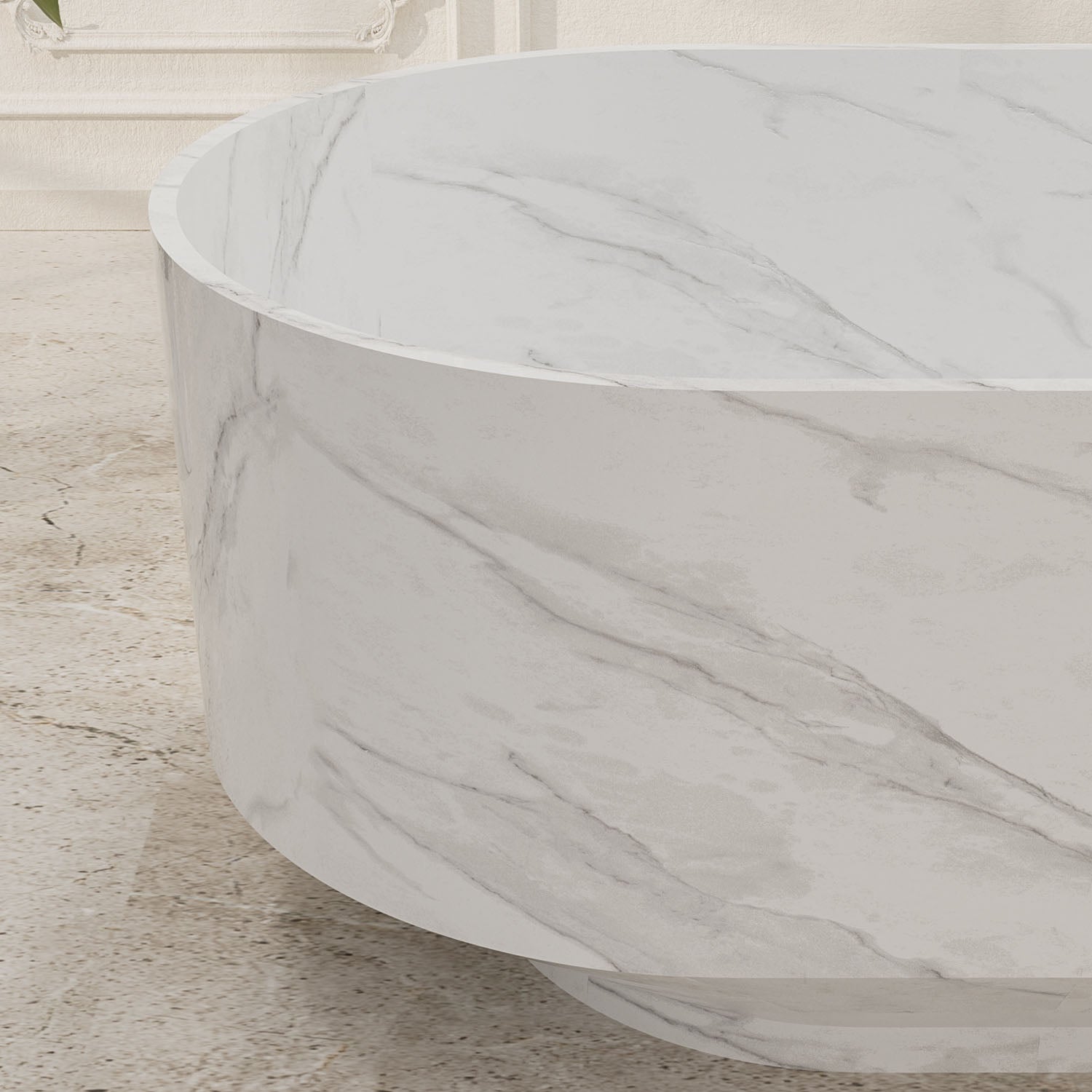 Close-up matte white bathtub surface with marble pattern detail