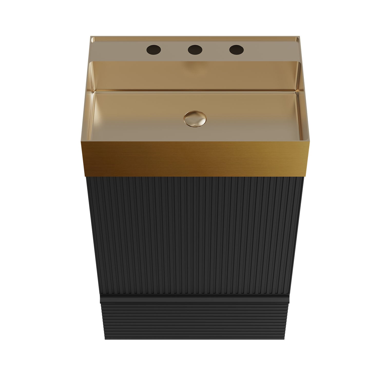Close-up of brushed gold stainless steel sink on black bathroom vanity