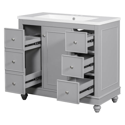 Close-up of cabinet space with adjustable shelves in a 36-inch gray vanity