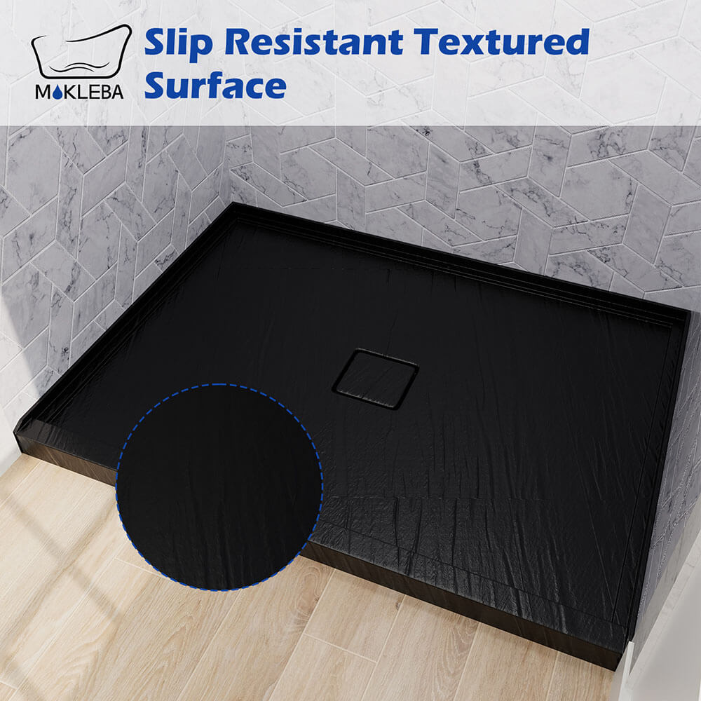 Close-up of safety slip resistant texture on matte black 48x36 shower tray