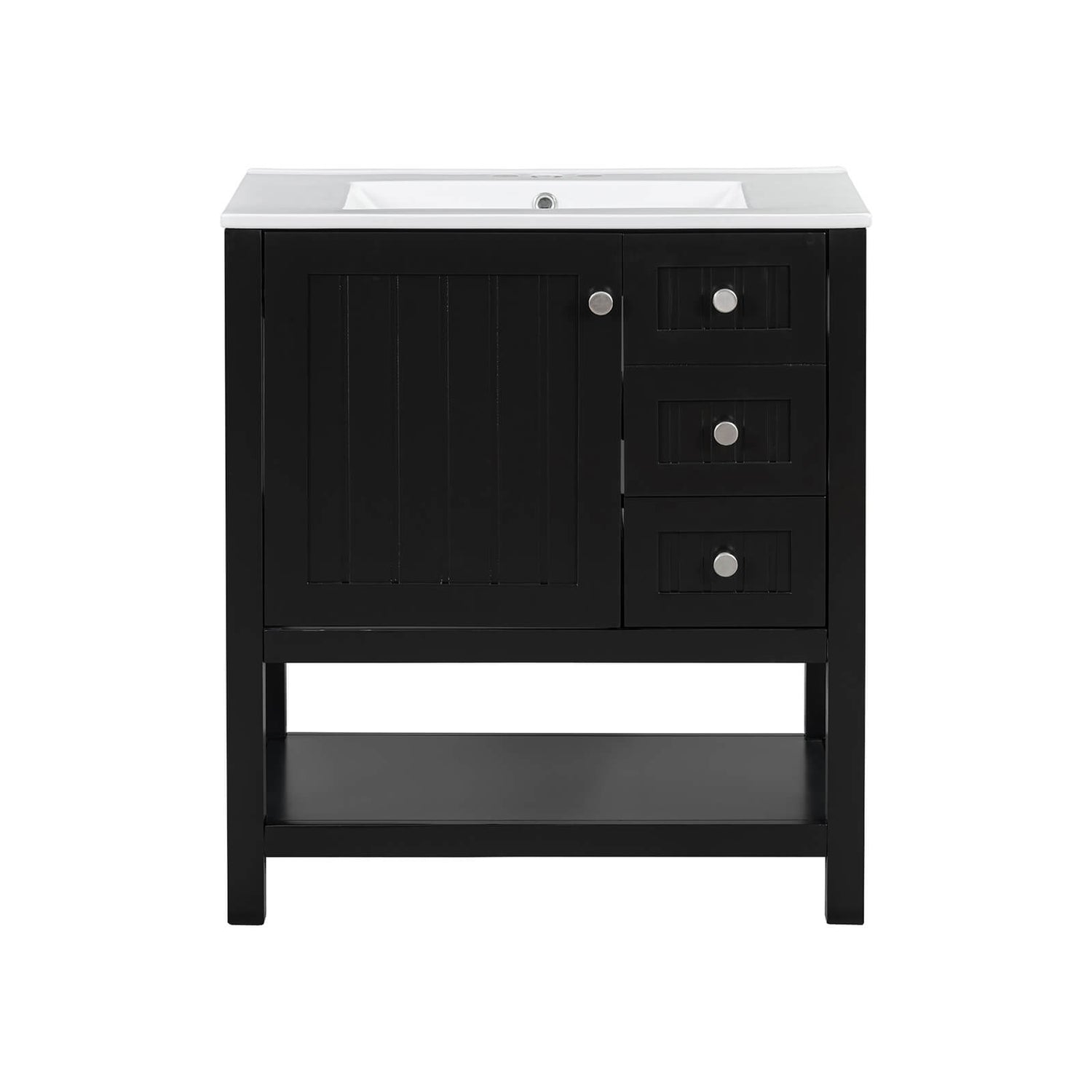 Close-up of the drawers and shelves on the black bathroom vanity