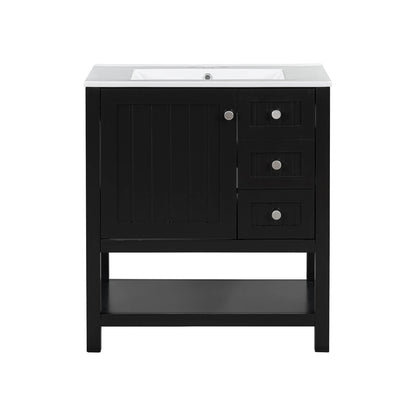 Close-up of the drawers and shelves on the black bathroom vanity