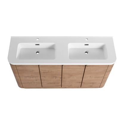 Close-up of the seamless resin double sink with rounded anti-collision corners