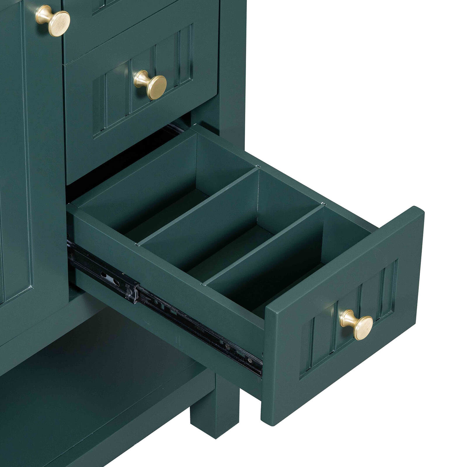 Close-up of the stylish golden handle on the deep green vanity