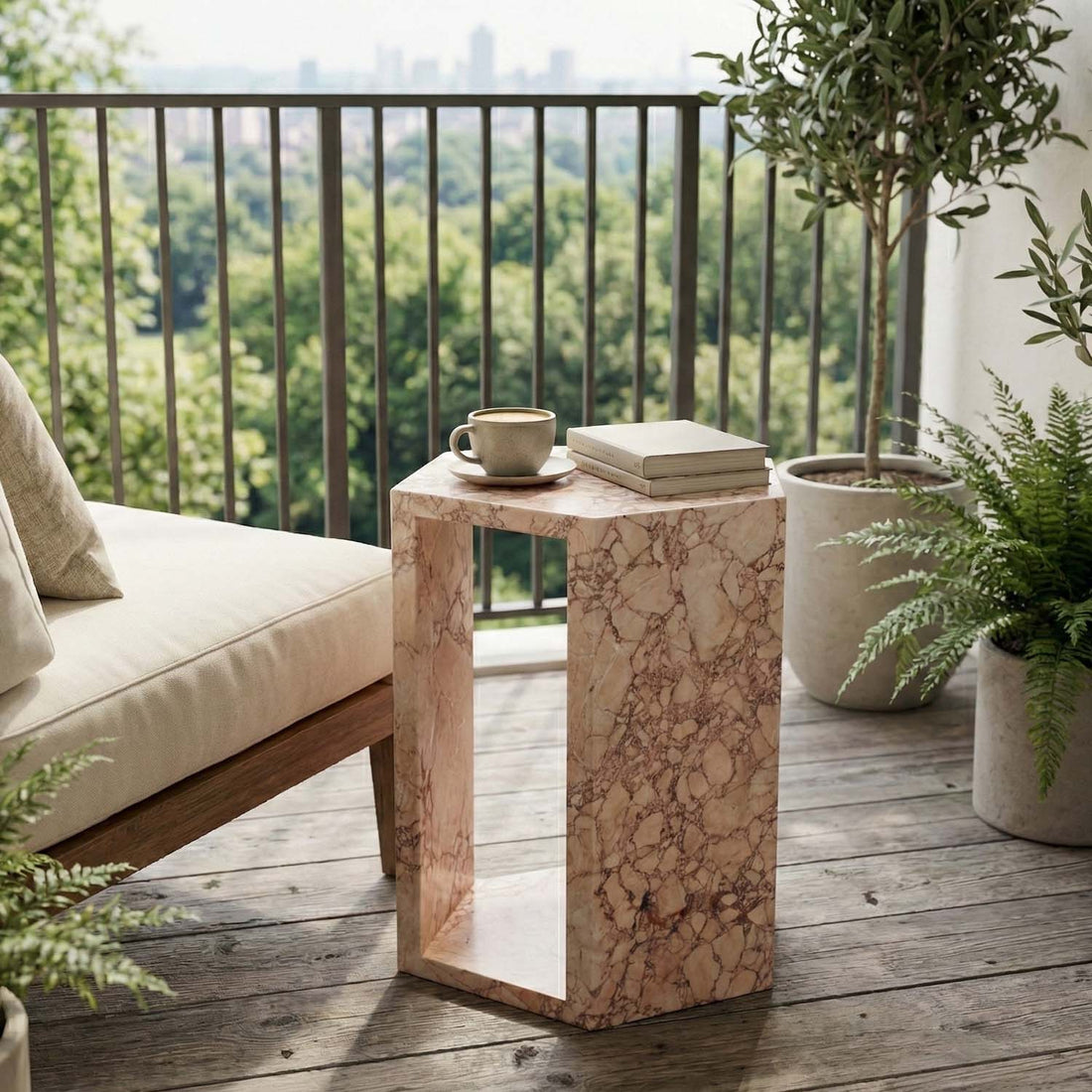 Luxury Real Marble Pink Side Table Hexagon Shape End Table for Living Room, Bedroom & Small Spaces