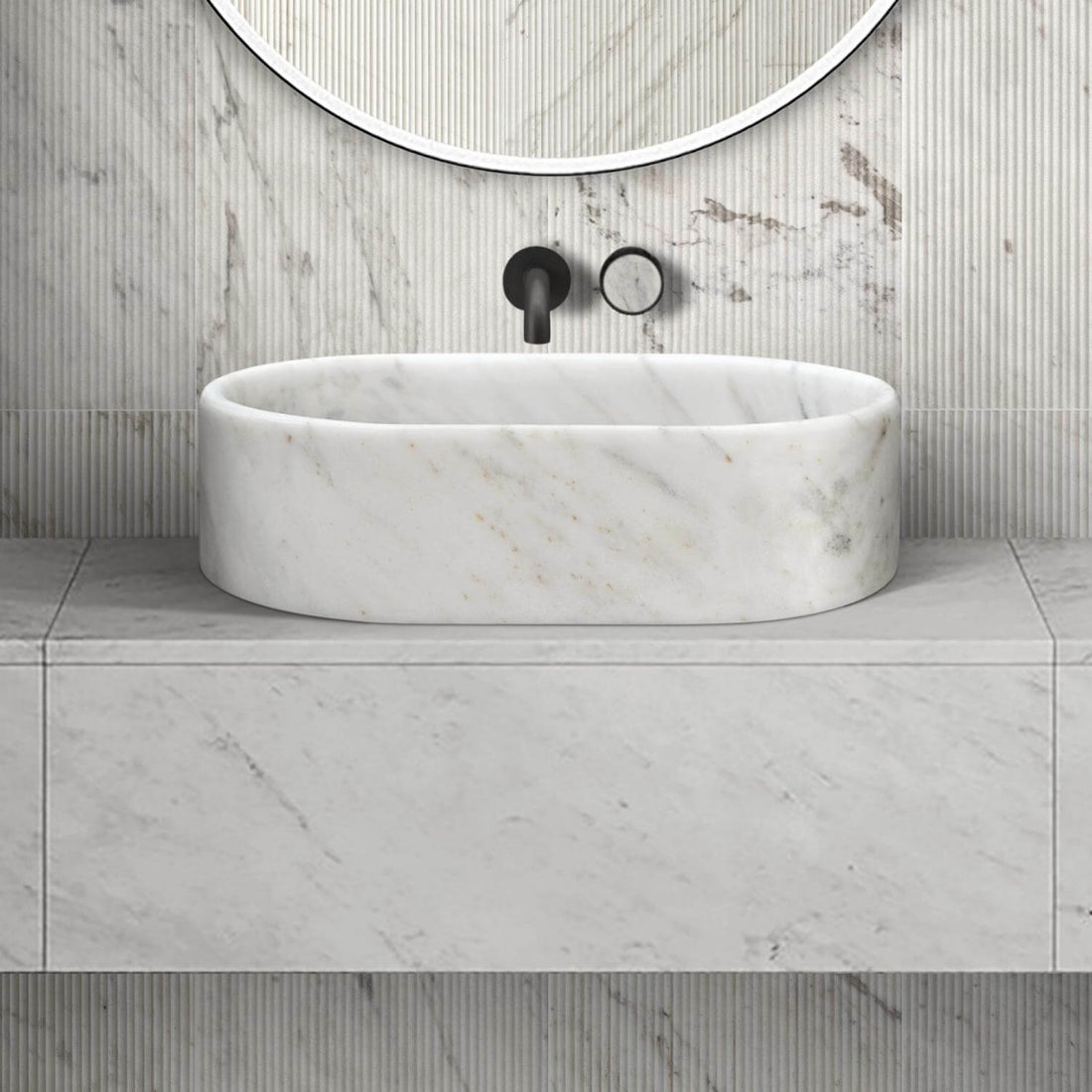 24" White Natural Marble Oval Bathroom Vessel Sink for Vanity Countertop