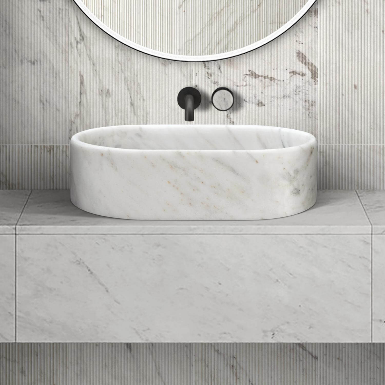 24" White Natural Marble Oval Bathroom Vessel Sink for Vanity Countertop