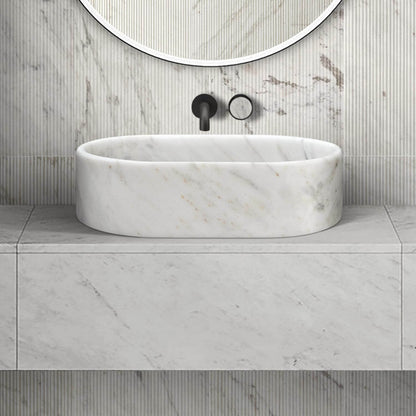 24" White Natural Marble Oval Bathroom Vessel Sink for Vanity Countertop