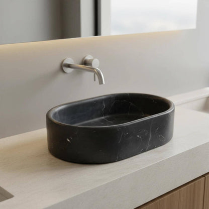 24" Matte Black Marble Oval Bathroom Vessel Sink for Vanity Countertop