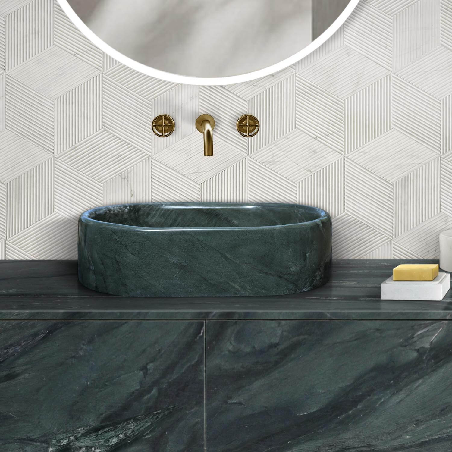 24" Green Natural Marble Oval Bathroom Vessel Sink for Vanity Countertop