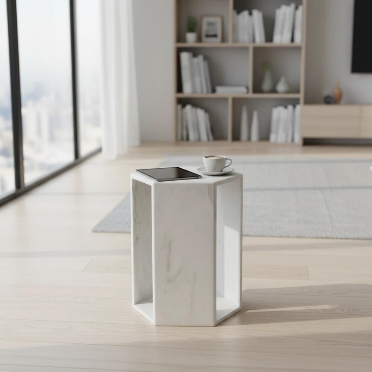 "Cloud-Like" Veining Patterns Marble White Side Table for Bathroom or Bedroom Nightstand or Gift New House Decor