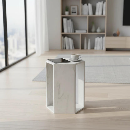 "Cloud-Like" Veining Patterns Marble White Side Table for Bathroom or Bedroom Nightstand or Gift New House Decor