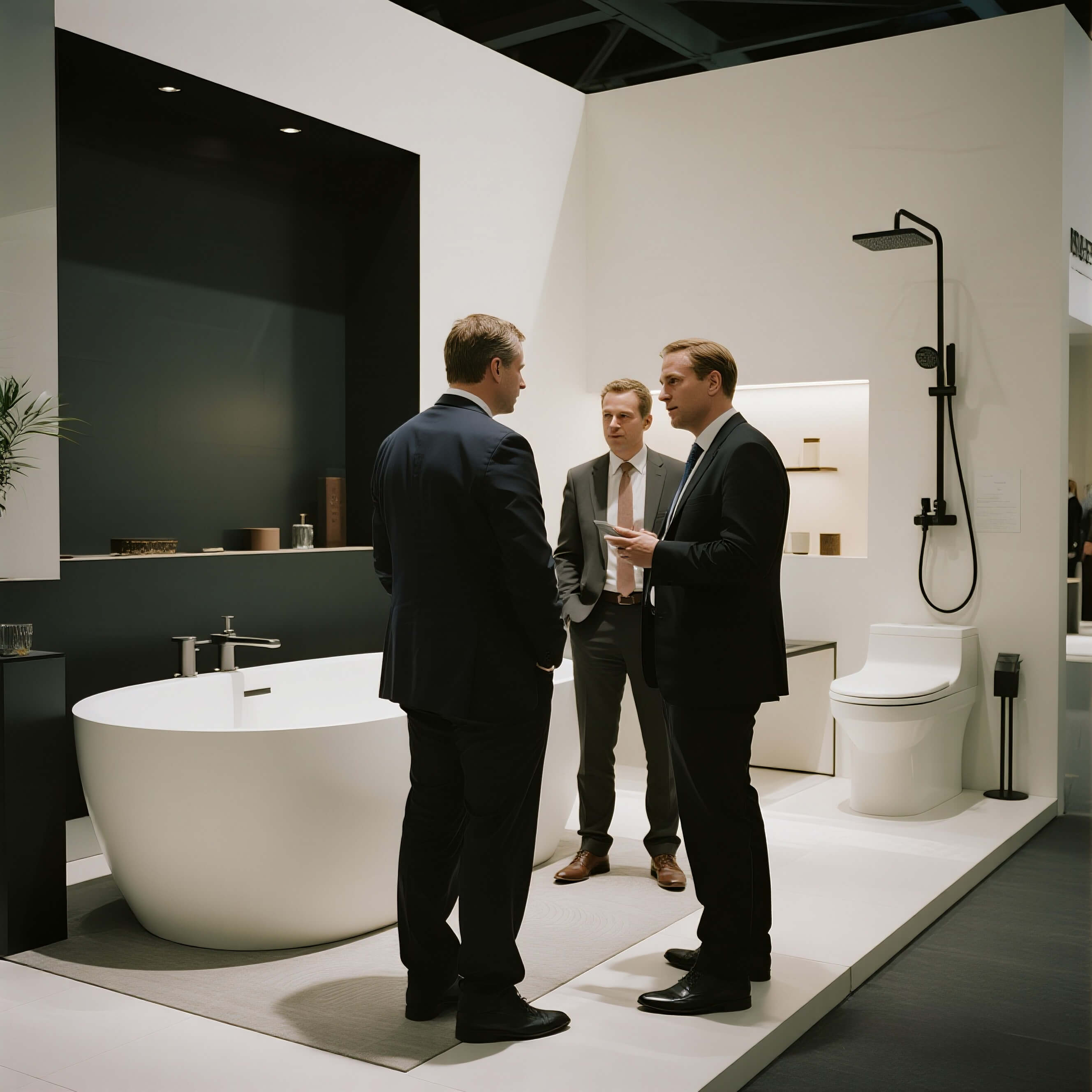 Three men in suits discussing in a modern bathroom showroom.