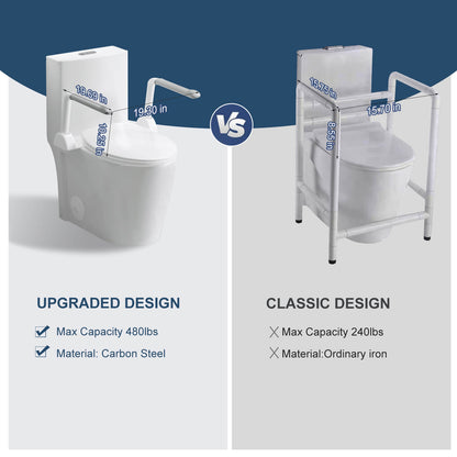 Comfort height toilet with foldable handles and sturdy support rails