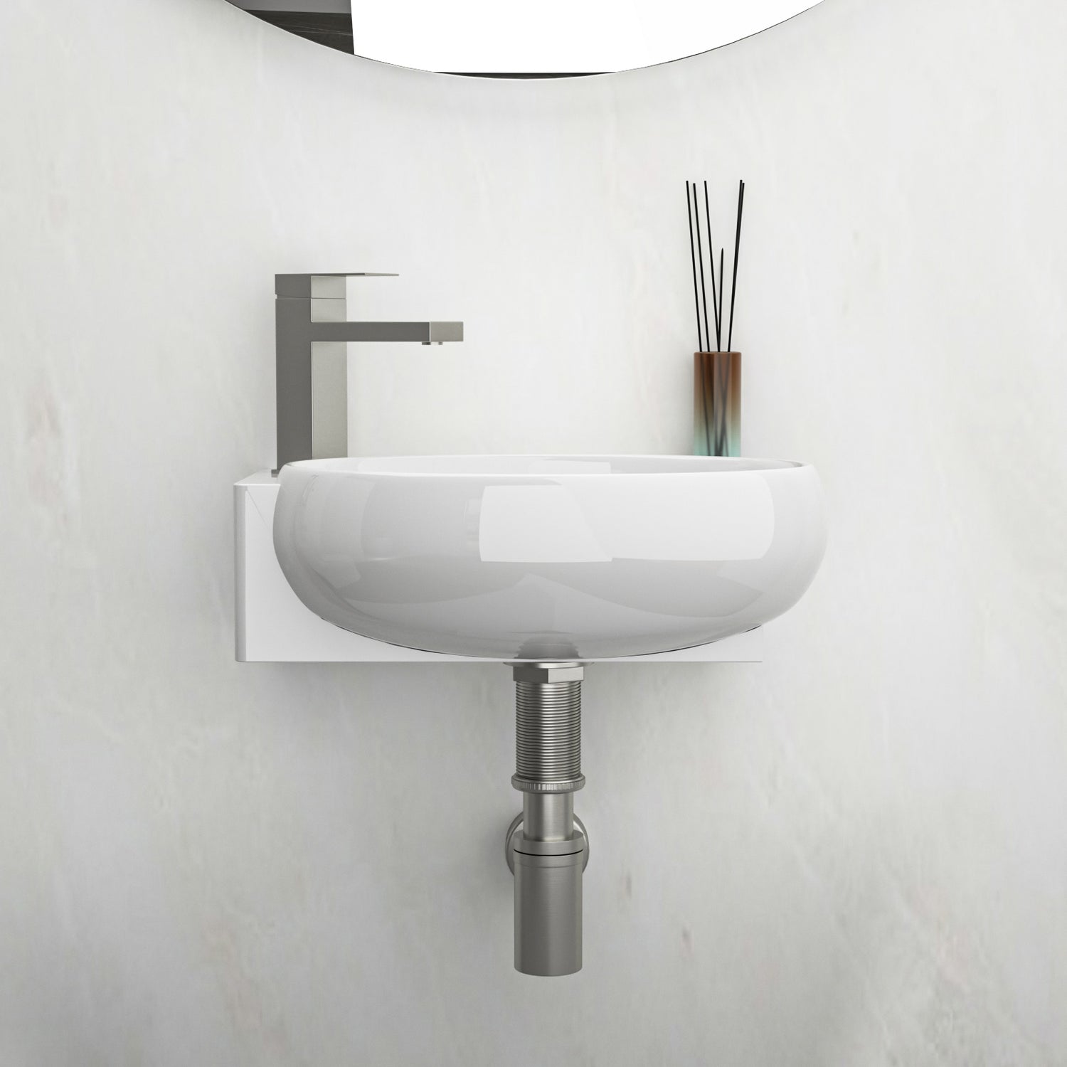 Compact 16x11 wall hung sink for small guest bathrooms