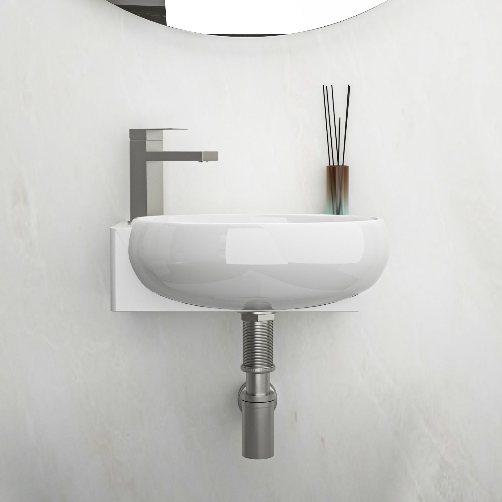 Compact 16x11 wall hung sink for small guest bathrooms