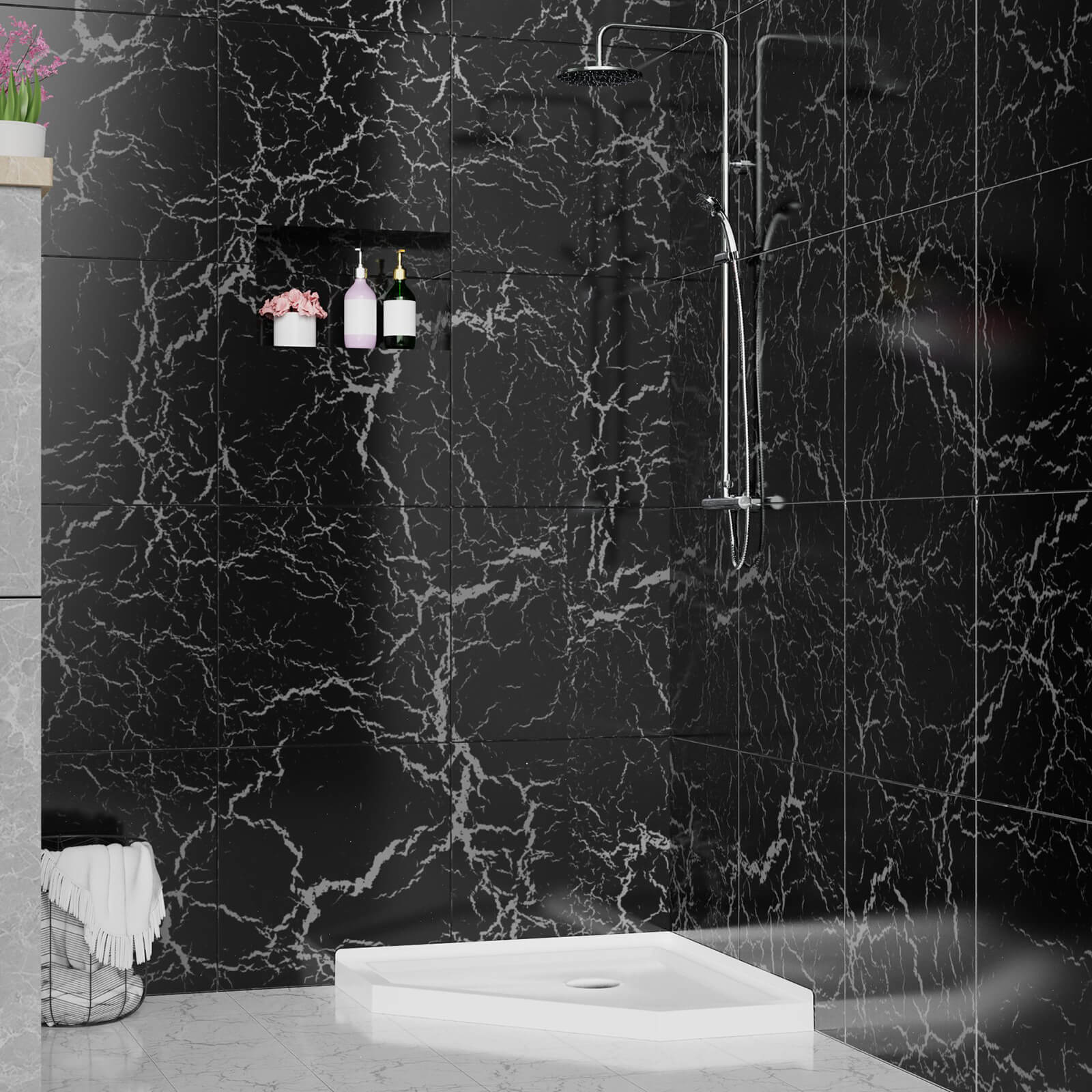 Compact 36 x 36 acrylic neo angle shower base for small bathrooms