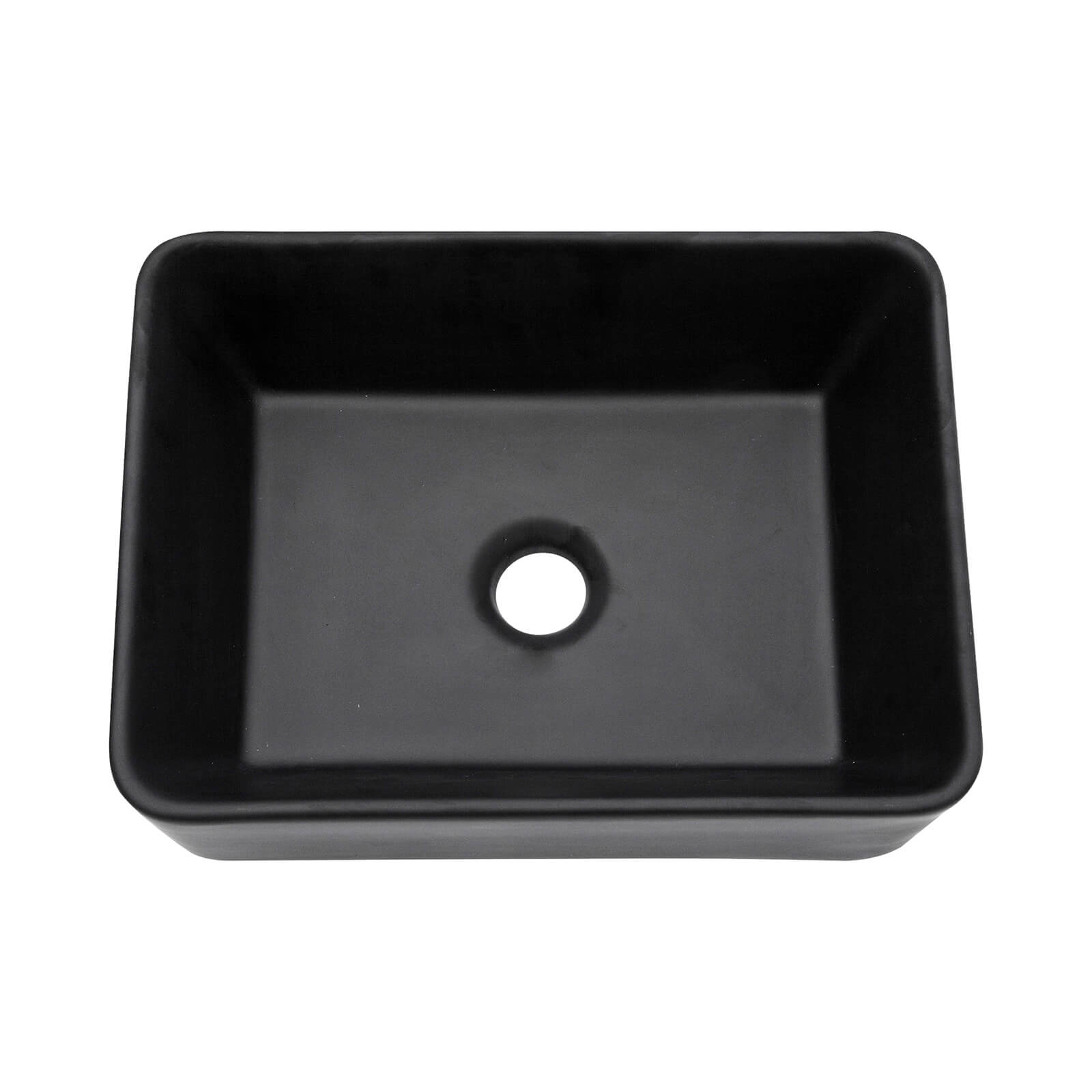 Compact black ceramic sink with soft curved corners