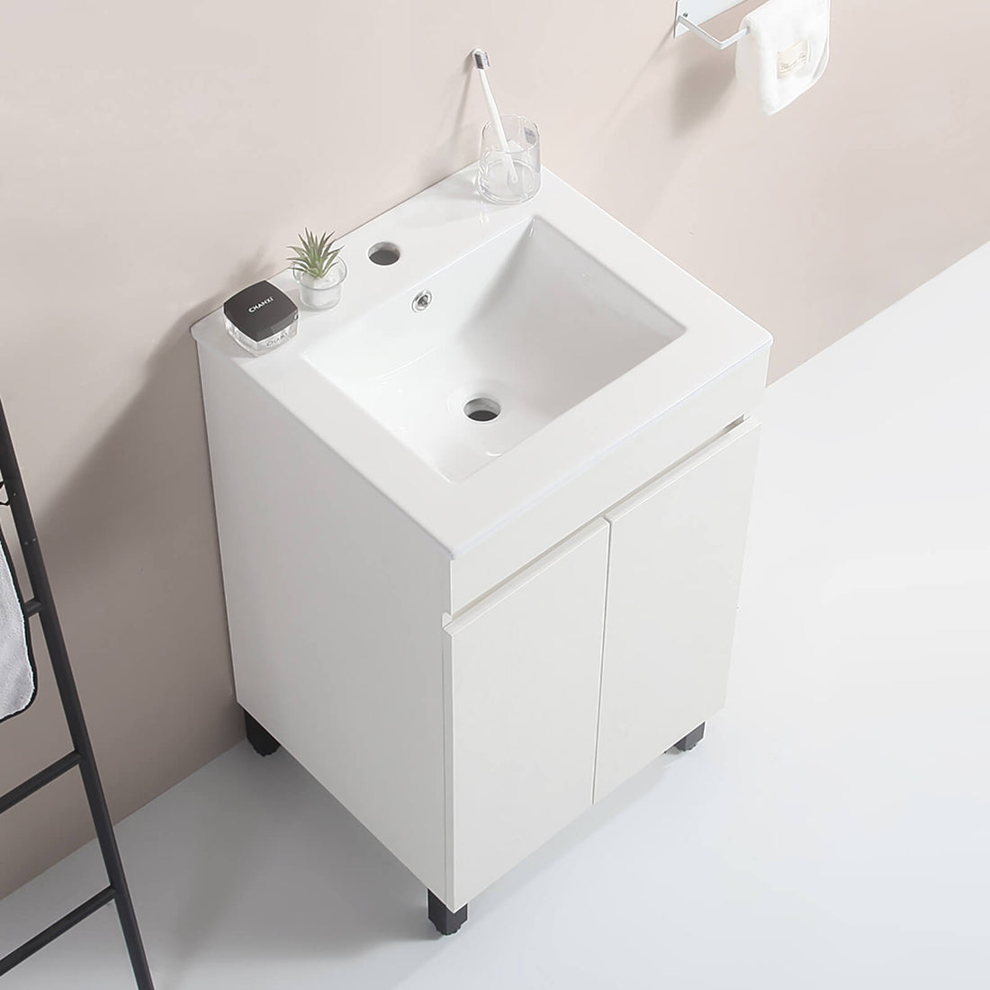 Compact modern vanity with pre drilled ceramic basin