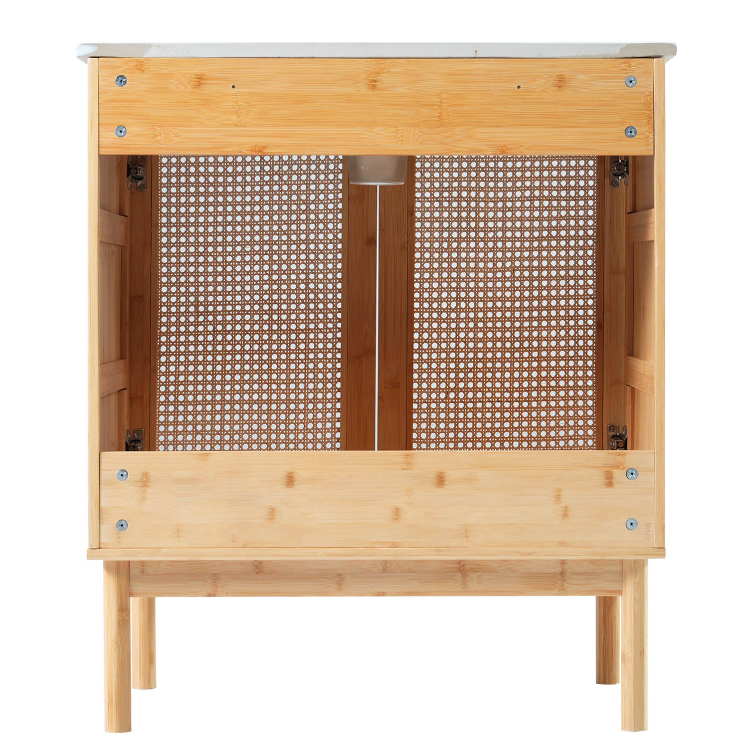Compact rattan vanity with ceramic sink and natural wood frame