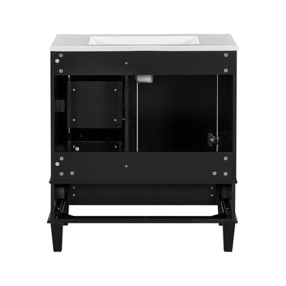Compact 30 black vanity with spacious white ceramic top and efficient storage drawers