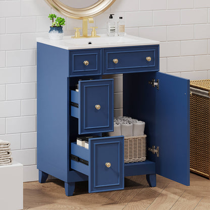 Compact bathroom vanity with stylish navy blue and gold color scheme