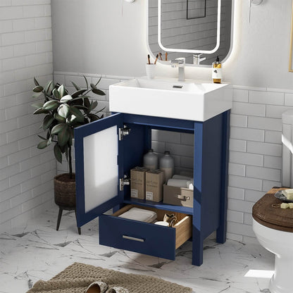 Compact blue vanity with frosted glass and ceramic sink
