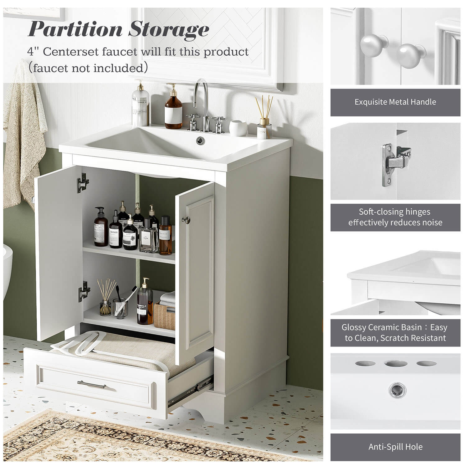 Compact white vanity for small bathrooms with functional storage and elegant design