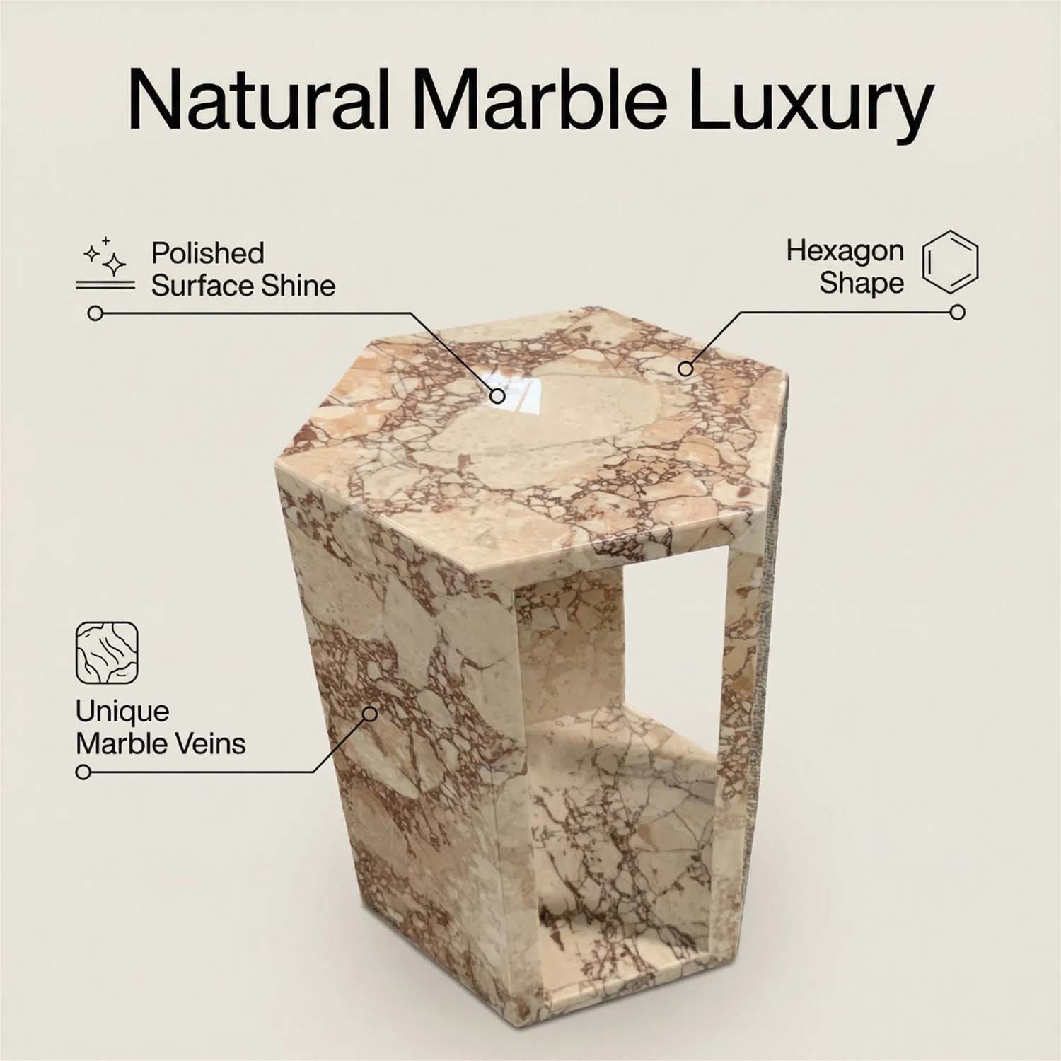 Luxury Real Marble Pink Side Table Hexagon Shape End Table for Living Room, Bedroom &amp; Small Spaces