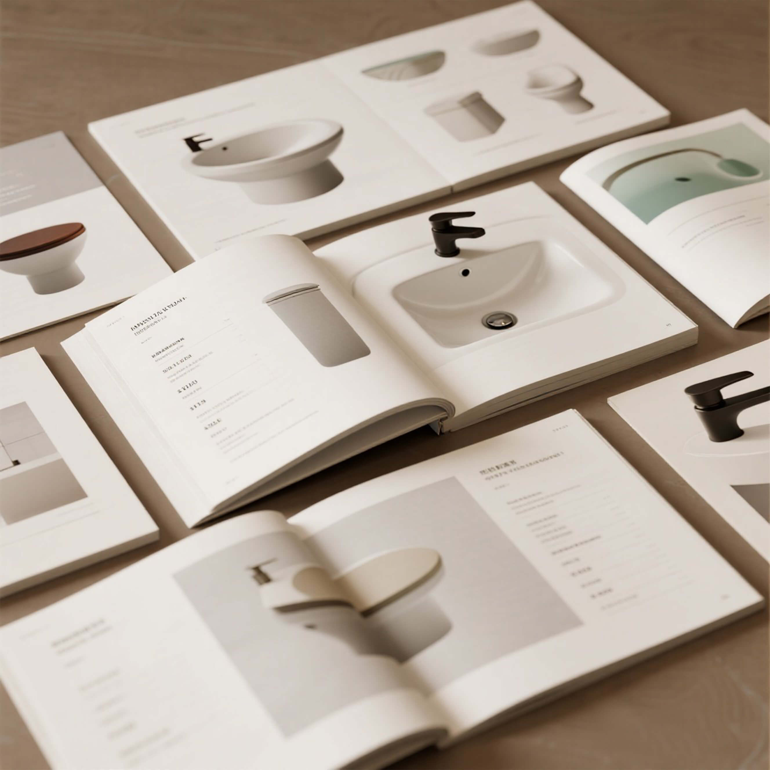 Open books displaying images of bathroom fixtures on a wooden surface