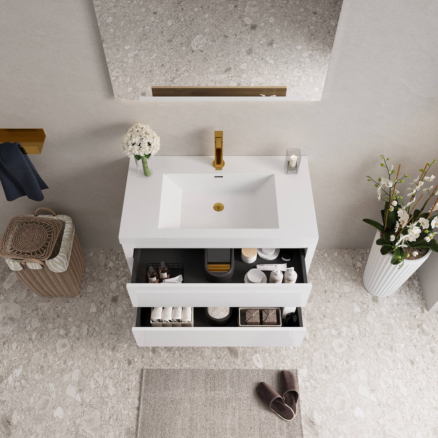 Contemporary 36 in bathroom vanity with integrated stone resin sink