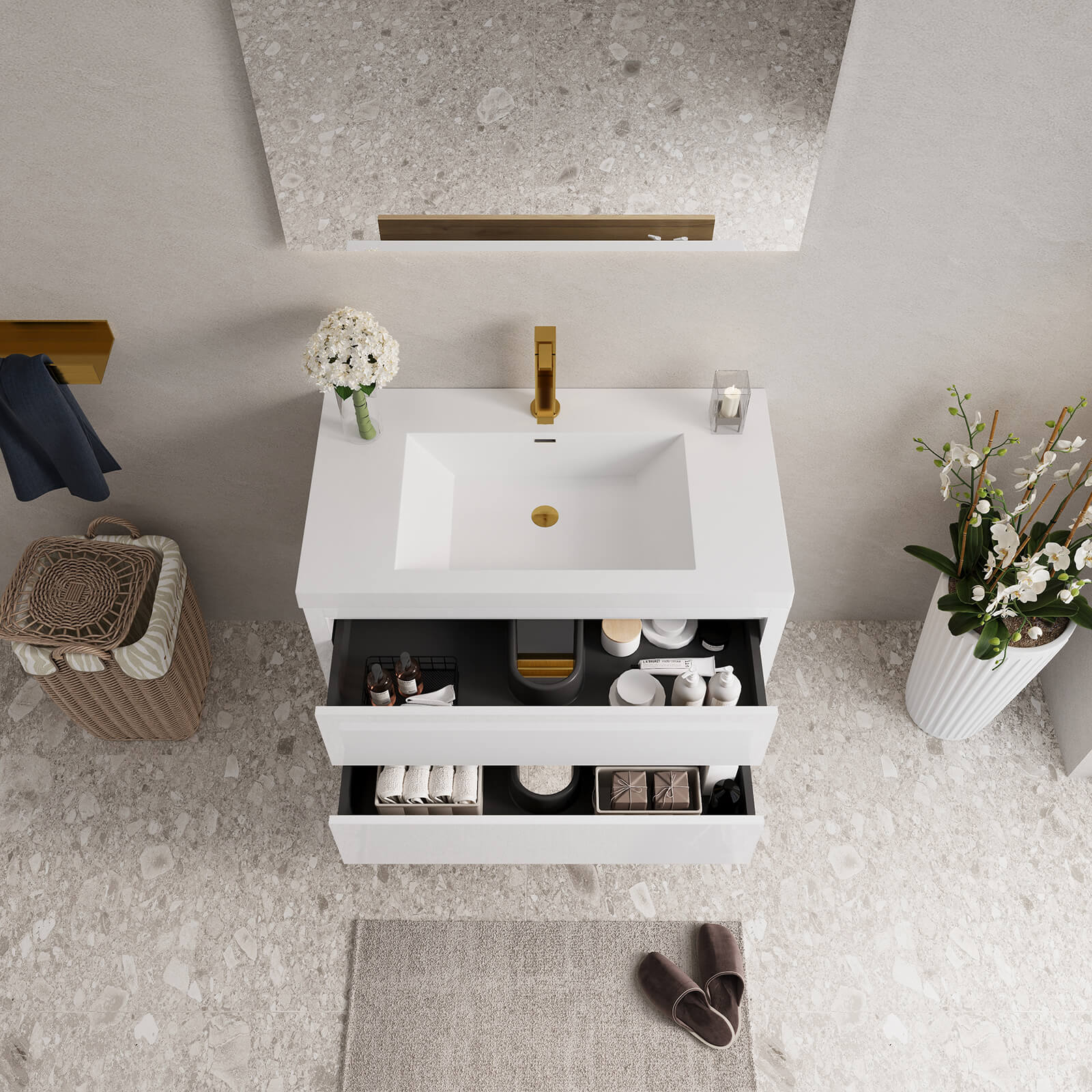 Contemporary 36 in bathroom vanity with integrated stone resin sink
