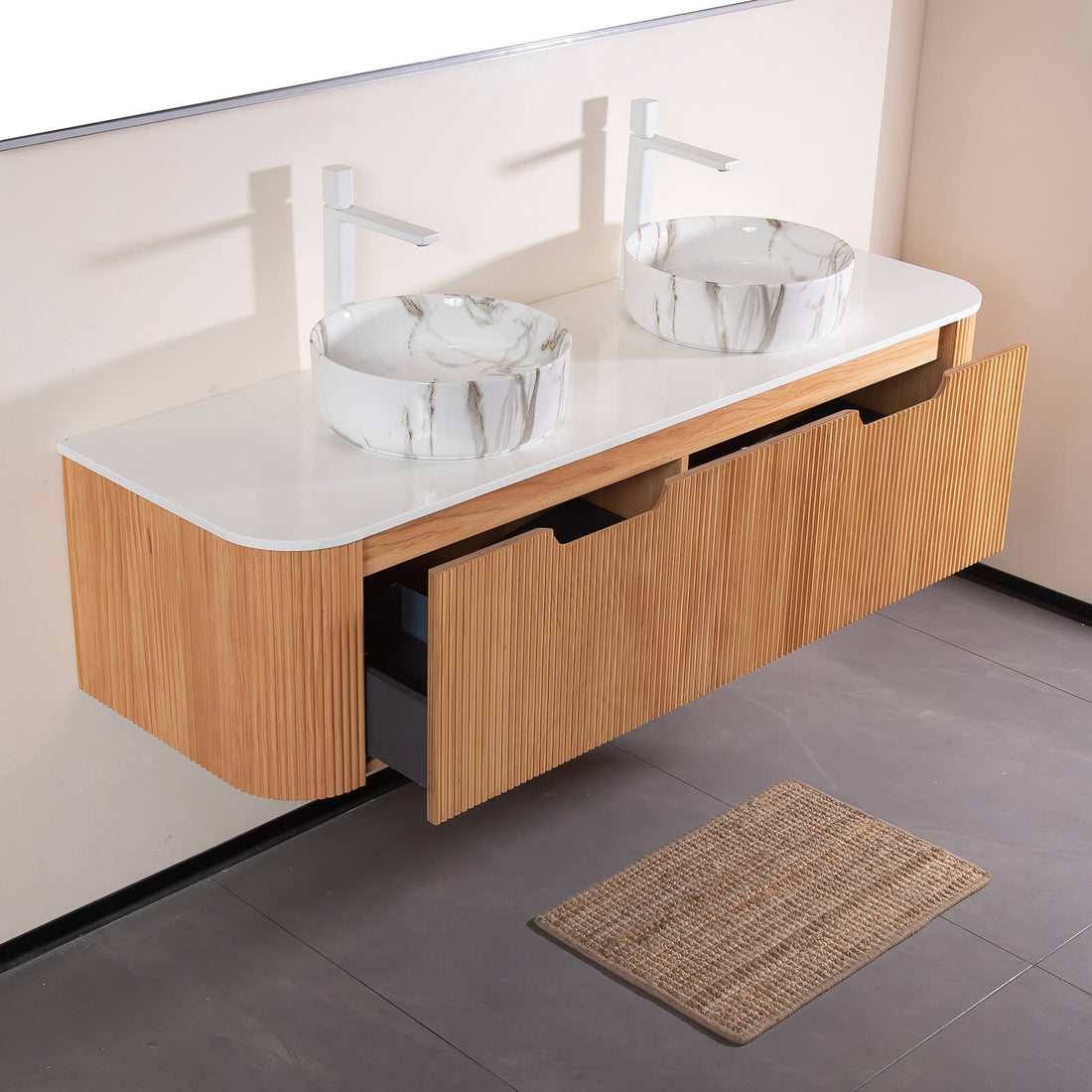 Contemporary 60 inch bathroom vanity with stone patterned sinks