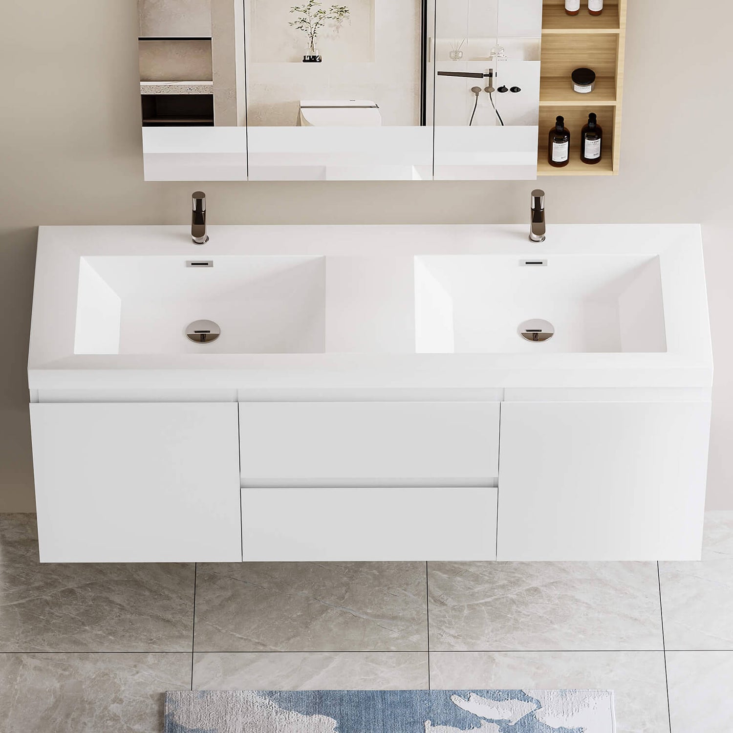 Contemporary 60 inch vanity with two sinks and easy to clean surfaces